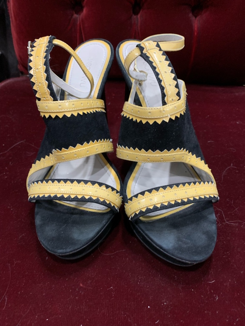 Jason Wu Black and Yellow Zigzag Strap Slingback Heels - Picture 4 of 9